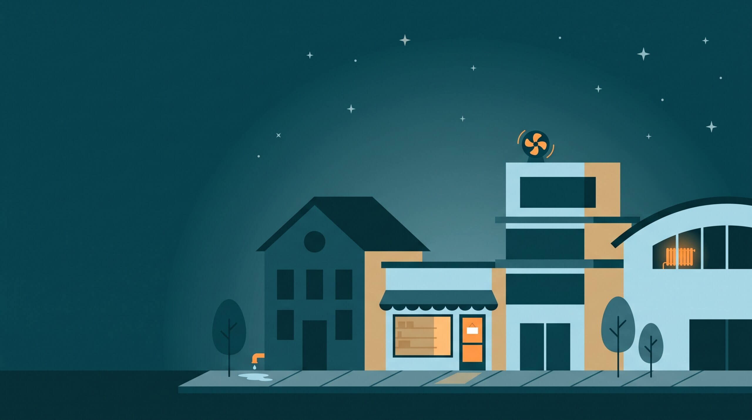 Illustration einer Straße bei Nacht mit Schule, Geschäft, Bürogebäude und Sporthalle, in der kleine orangefarbene Details versteckte Verschwendung zeigen