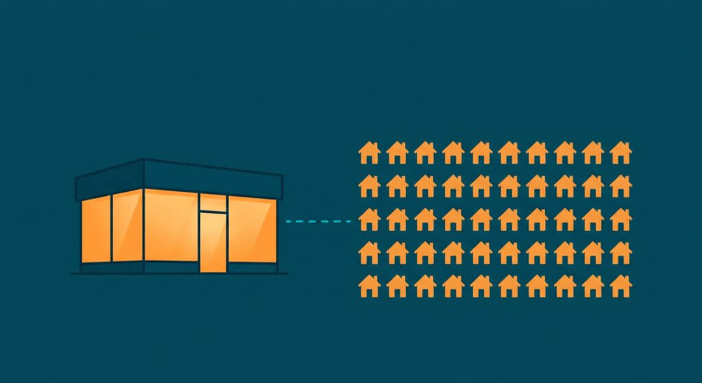Illustration: ein leeres Ladenlokal mit eingeschaltetem Licht, verbunden mit 50 Häusern, die zeigen, dass das Mietobjekt so viel Strom verbrauchte wie 50 Haushalte