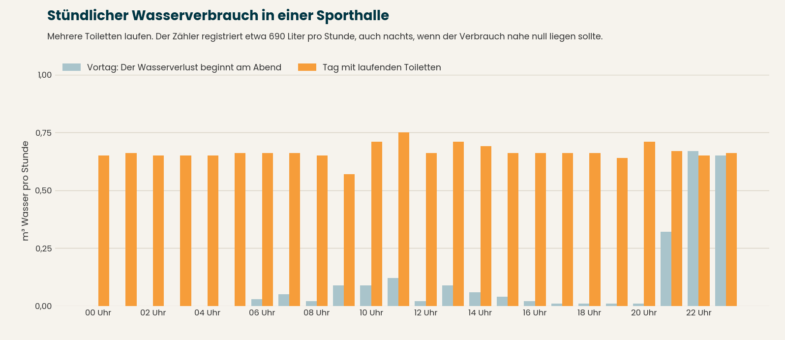 Diagramm des st&uuml;ndlichen Wasserverbrauchs in einer Sporthalle. Am Tag mit laufenden Toiletten liegt der Verbrauch bei etwa 0,65 m&sup3; pro Stunde, auch nachts.